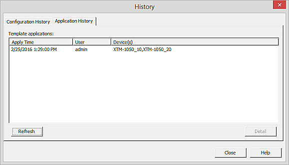 Screen shot of the Device Configuration Template Application History dialoga box