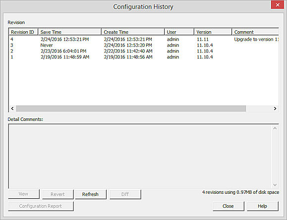Screen shot of the Configuration History dialog box