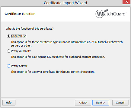 Screen shot of the Certificate Import Wizard certificate function page in FSM