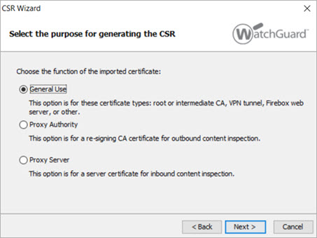 Screen shot of CSR Wizard - Purpose of certificate page