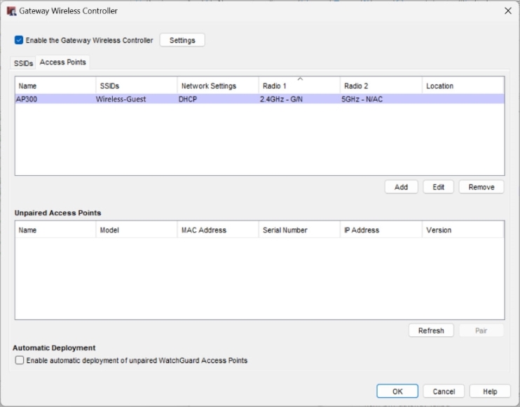 Screen shot of a paired Access Point on the Gateway Wireless Controller in Policy Manager