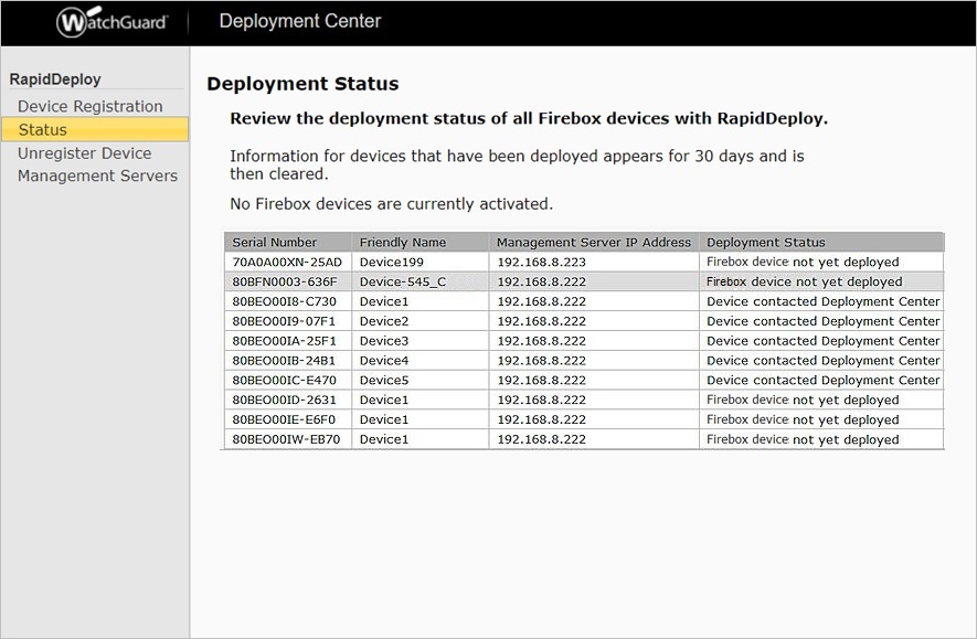 Screen shot of the Deployment Status page, Deployed XTM Devices list