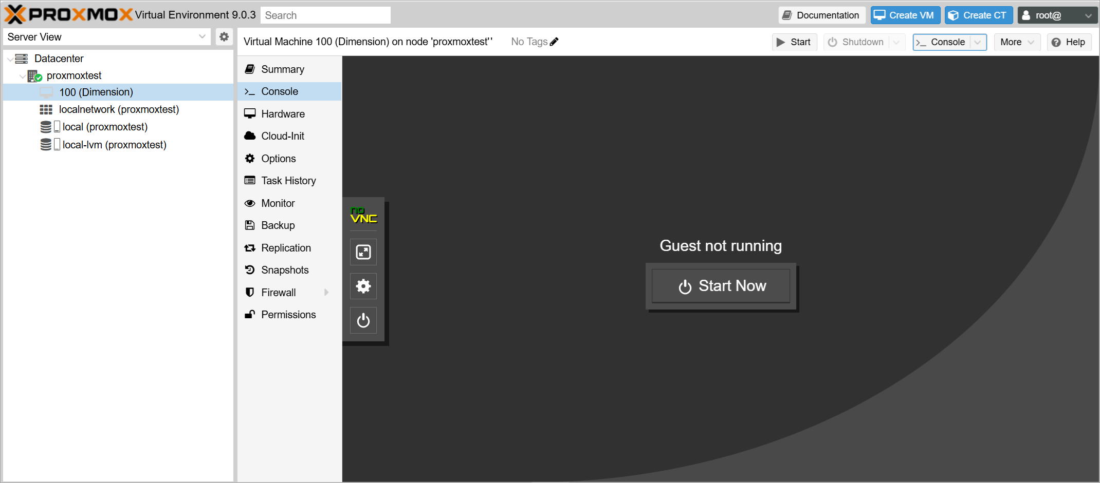 Proxmox VE Start Now button