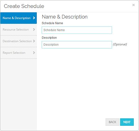 Screen shot of the Create Schedule wizard, Name & Description page