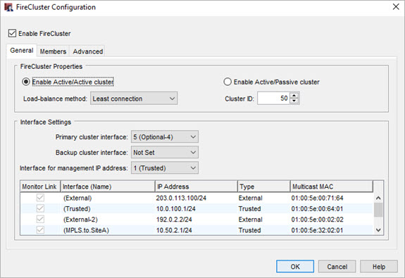 Screen shot of the FireCluster Configuration dialog box