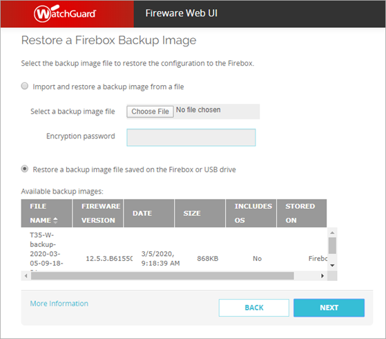 Screen shot of the Web Setup Wizard Restore a Firebox Backup Image page