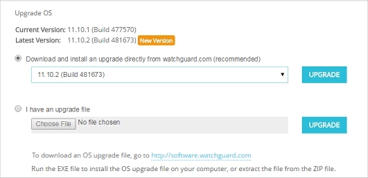 Screen shot of the Upgrade OS page in Fireware Web UI