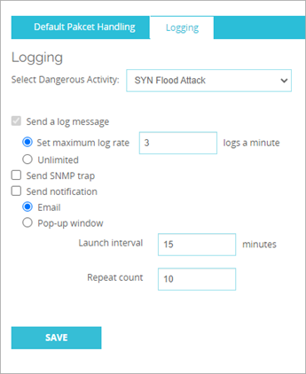 Screenshot of default packet handling logging