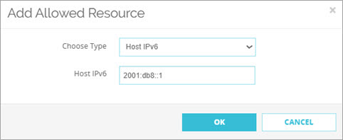 Screen shot of the Add Allowed Resource dialog box for a Host IP address