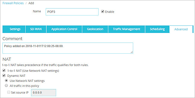 Screen shot of the Policy Configuration page - Advanced tab
