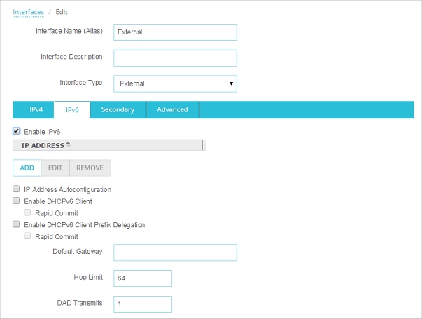 Screen shot of the Interface Configuration - External dialog box, IPv6 tab