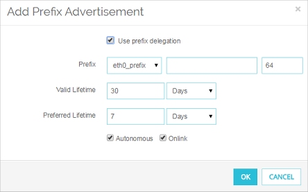 Screen shot of the Add Prefix Advertisement dialog box witha delegated prefix