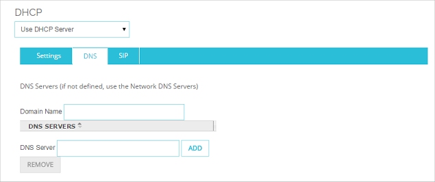 Screen shot of the DHCP Server settings, DNS tab