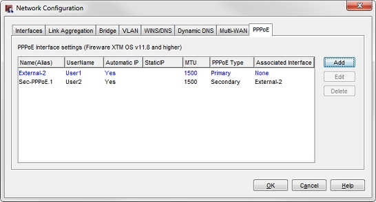 Screen shot of the Network Configuration dialog box, PPPoE tab