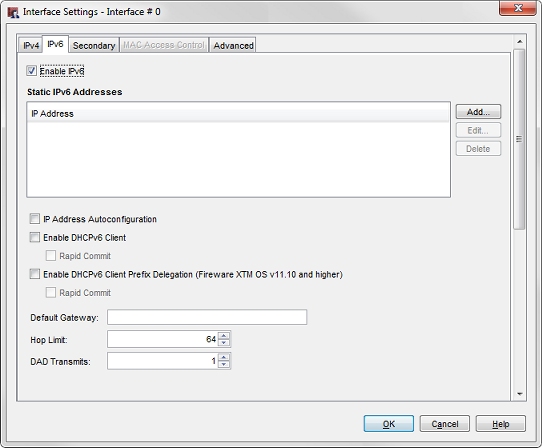 Screen shot of the Interface Settings dialog box for an external interface, IPv6 settings