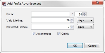 Screen shot of the Add Prefix Advertisement dialog box in Policy Manager