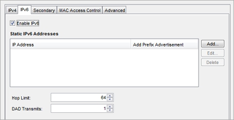 Screen shot of the IPv6 tab in the Interface Settings dialog box in Policy Manager