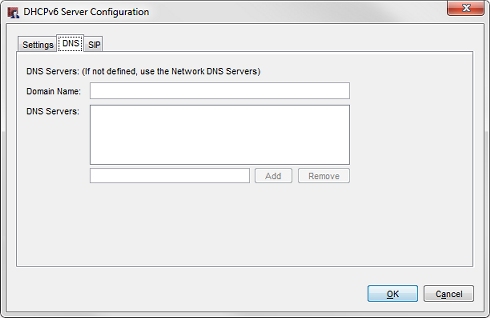 Screen shot of the DHCPv6 Server Configuration dialog box, DNS tab