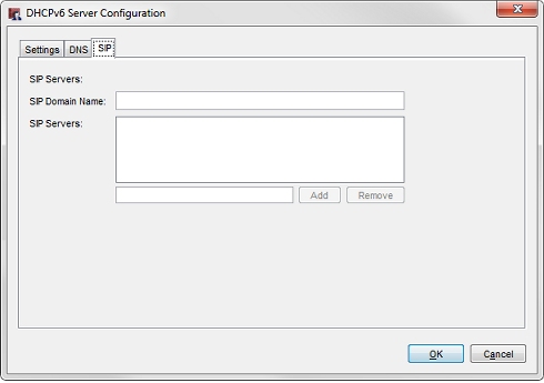 Screen shot of the DHCPv6 Server Configuration dialog box, SIP tab