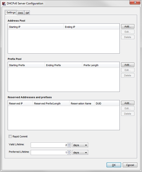 Screen shot of the DHCPv6 Server Configuration dialog box, Settings tab