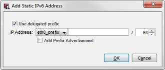 Screen shot of the Add Statis IPv6 Addresses dialog box with the Use delegated prefix check box selected