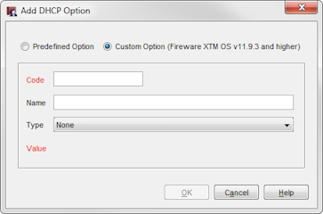 Screen shot of the Add DHCP Option dialog box for a Custom Option