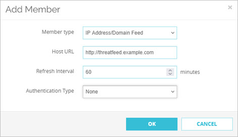 Screenshot of the add IP Address/Domain Feed Alias type configuration in Fireware Web UI