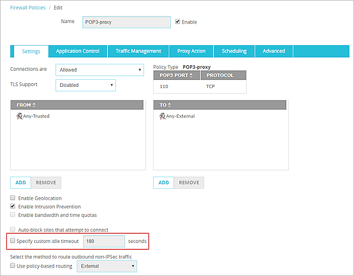 Screen shot of the Edit page for a policy, Specify custom idle timeout option