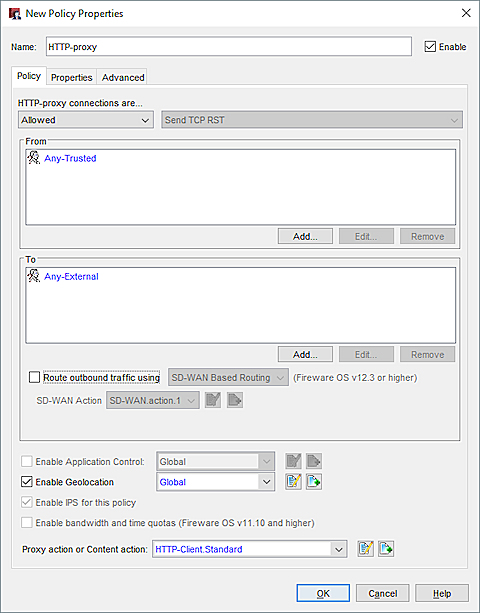 Screen shot of the New Policy Properties dialog box for the HTTP-proxy
