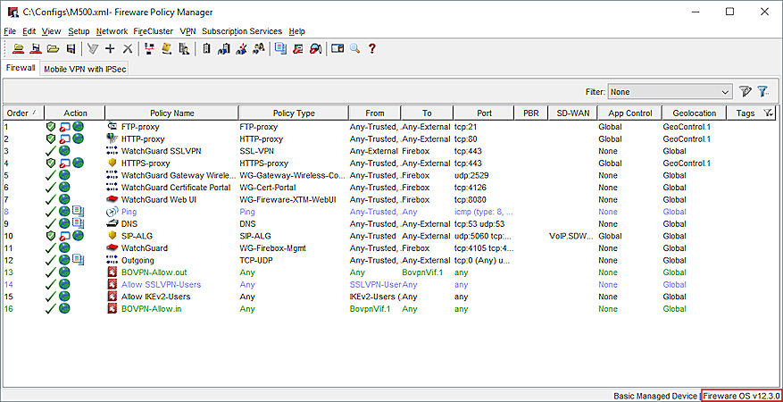 Screen shot of Fireware  Policy Manager for a v12.3 configuration file