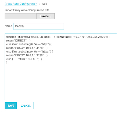 Screen shot of the Import Proxy Auto-Configuration File page
