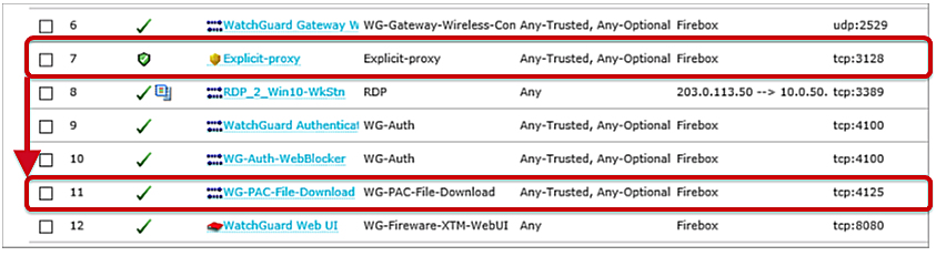 Screen shot of the Explicit-proxy policy and PAC file download policy in Fireware Web UI