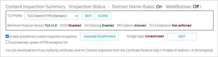 Screenshot of the Content Inspection Summary with Domain Name Rules:  On