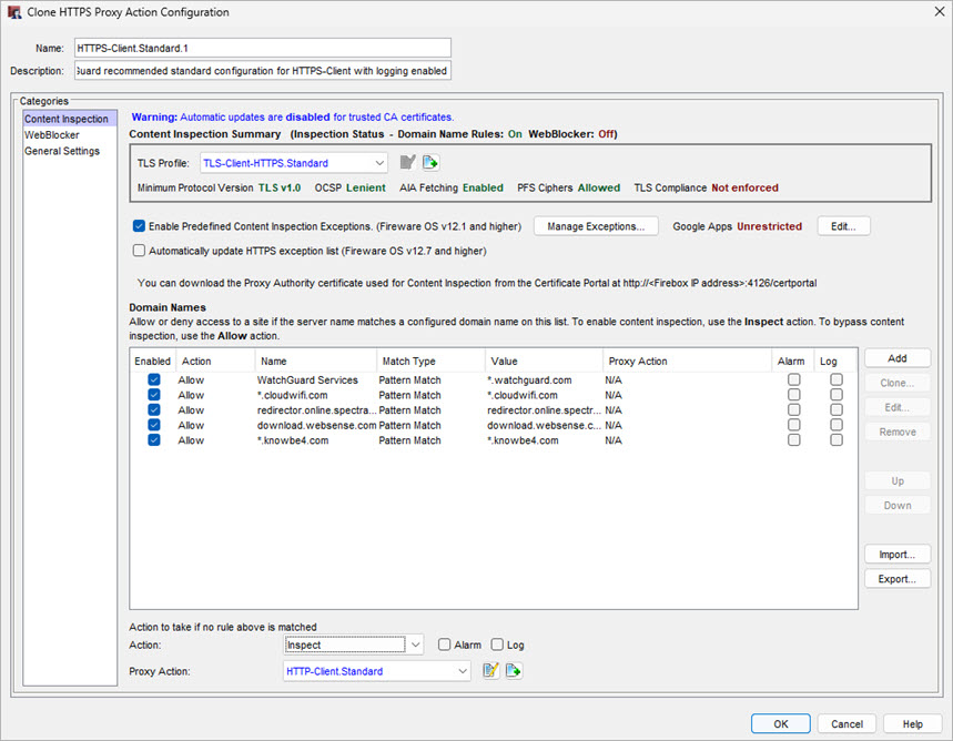 Screen shot of the Content Inspection settings for an HTTP client proxy action in Policy Manager