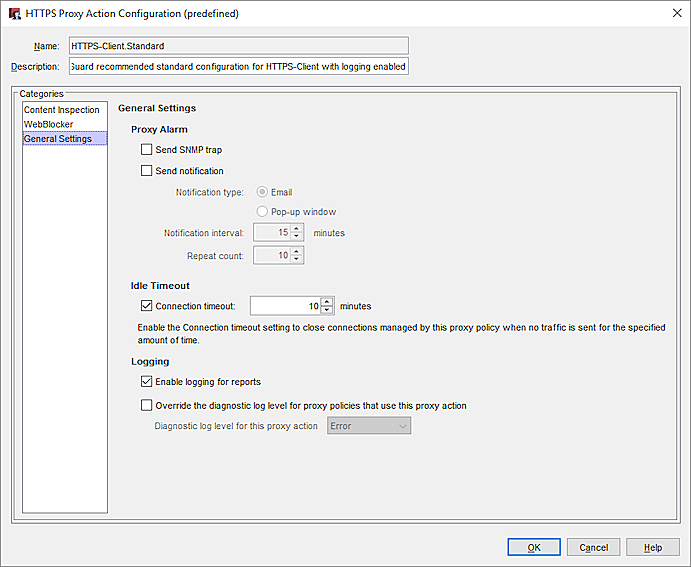 Screenshot of the HTTPS Proxy Action Configuration dialog box, General Settings page in Policy Manager