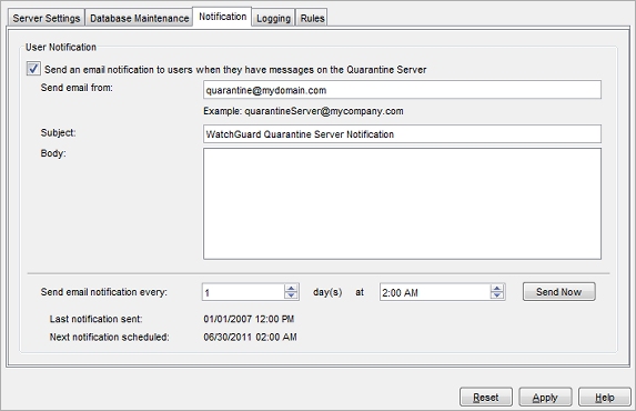Screen shot of the Quarantine Server Configuration page, User Notification Settings tab