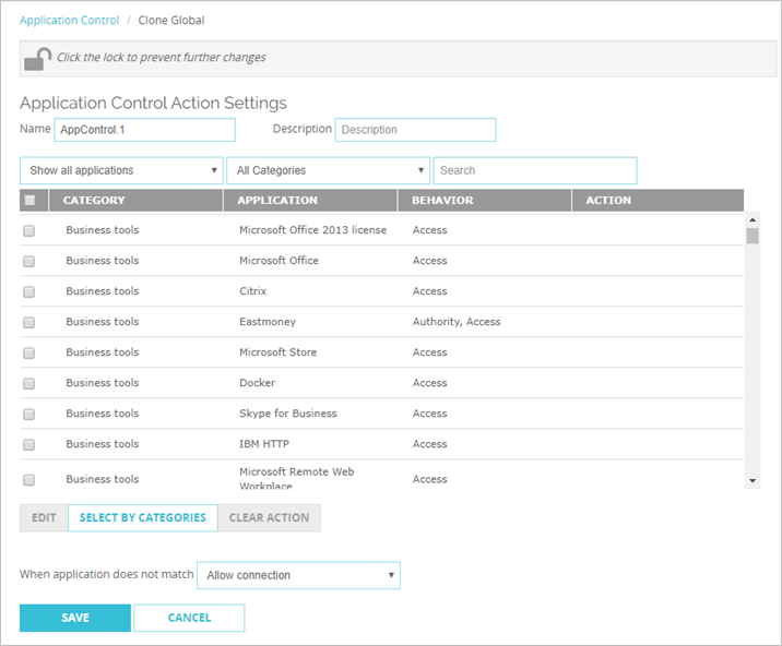Screen shot of the Application Control Action Settings page