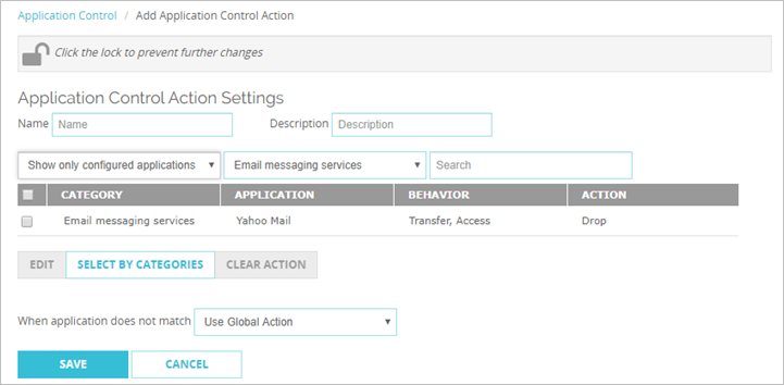 Screen shot of the Application Control Action Settings page