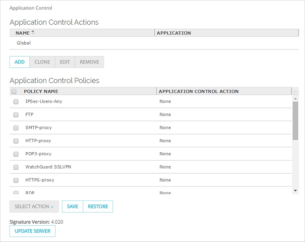 Screen shot of the Application Control page