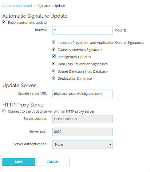 Screenshot of the Update Server settings