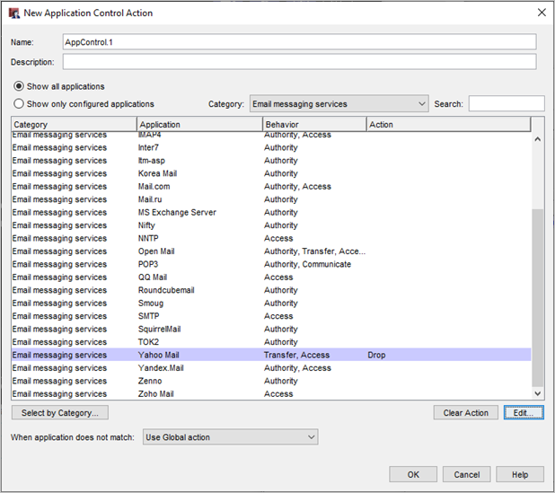 Screen shot of the New Application Control Action dialog box, with actions configured