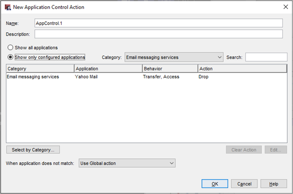 Screen shot of the Edit Application Control Action dialog box