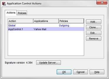 Screen shot of the Application Control Actions dialog box