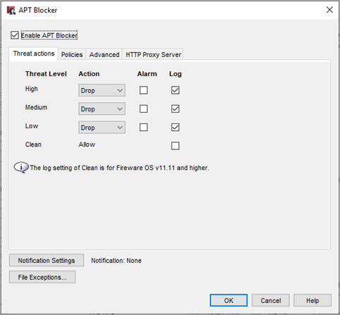 Screen shot of APT Blocker dialog box