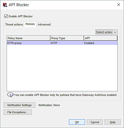 Screen shot of the APT Blocker Service dialog box, Policies tab