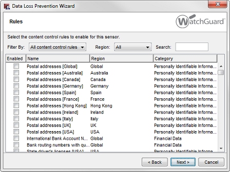 Screenshot of the DLP Rules in Fireware Web UI