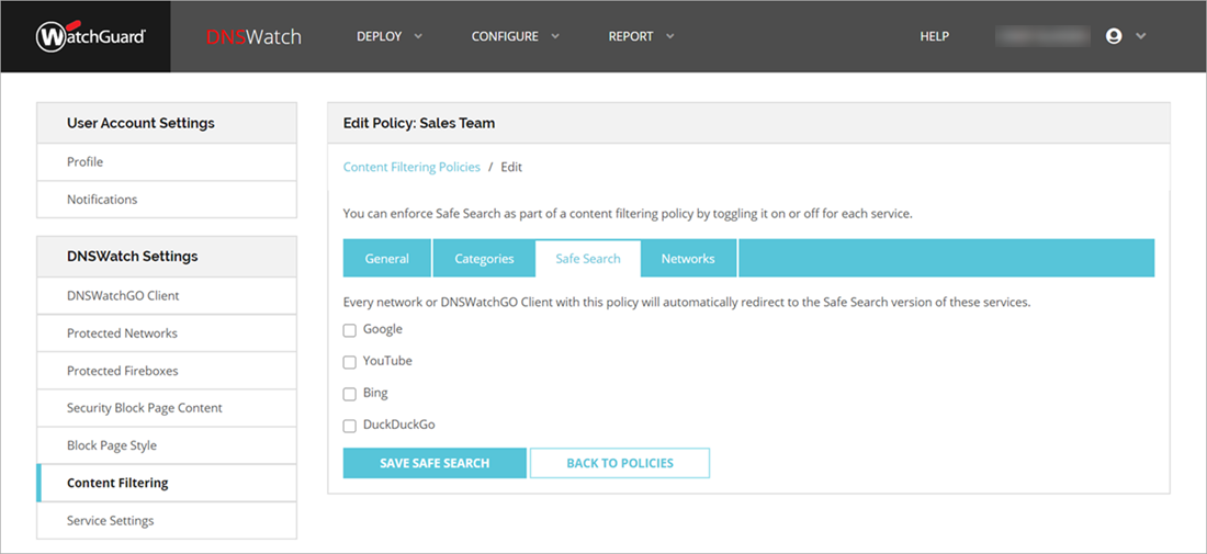 Screen shot of Safe Search options