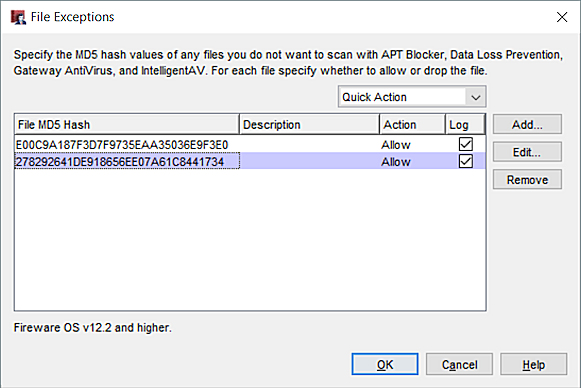 Screenshot of the File Exceptions dialog box with a file selected.