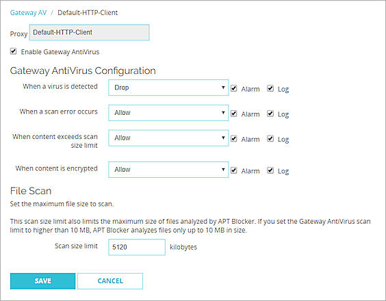 Screen shot of the Gateway AV configuration page