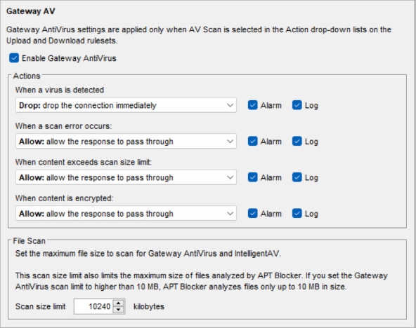 Screen shot of the Gateway AV settings in a proxy action in Policy Manager